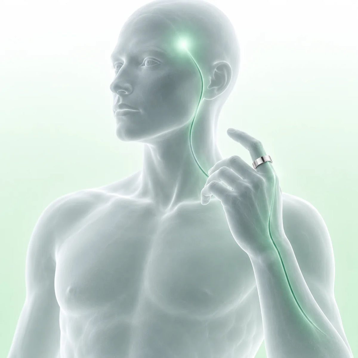 A translucent figure with the Vitality Ring on the index finger, a line of green light running from the ring up to the temple