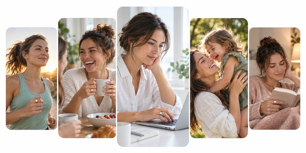 Five women on ordinary good days, jogging, laughing at breakfast, working, playing with a child, reading, several wearing the Vitality Ring